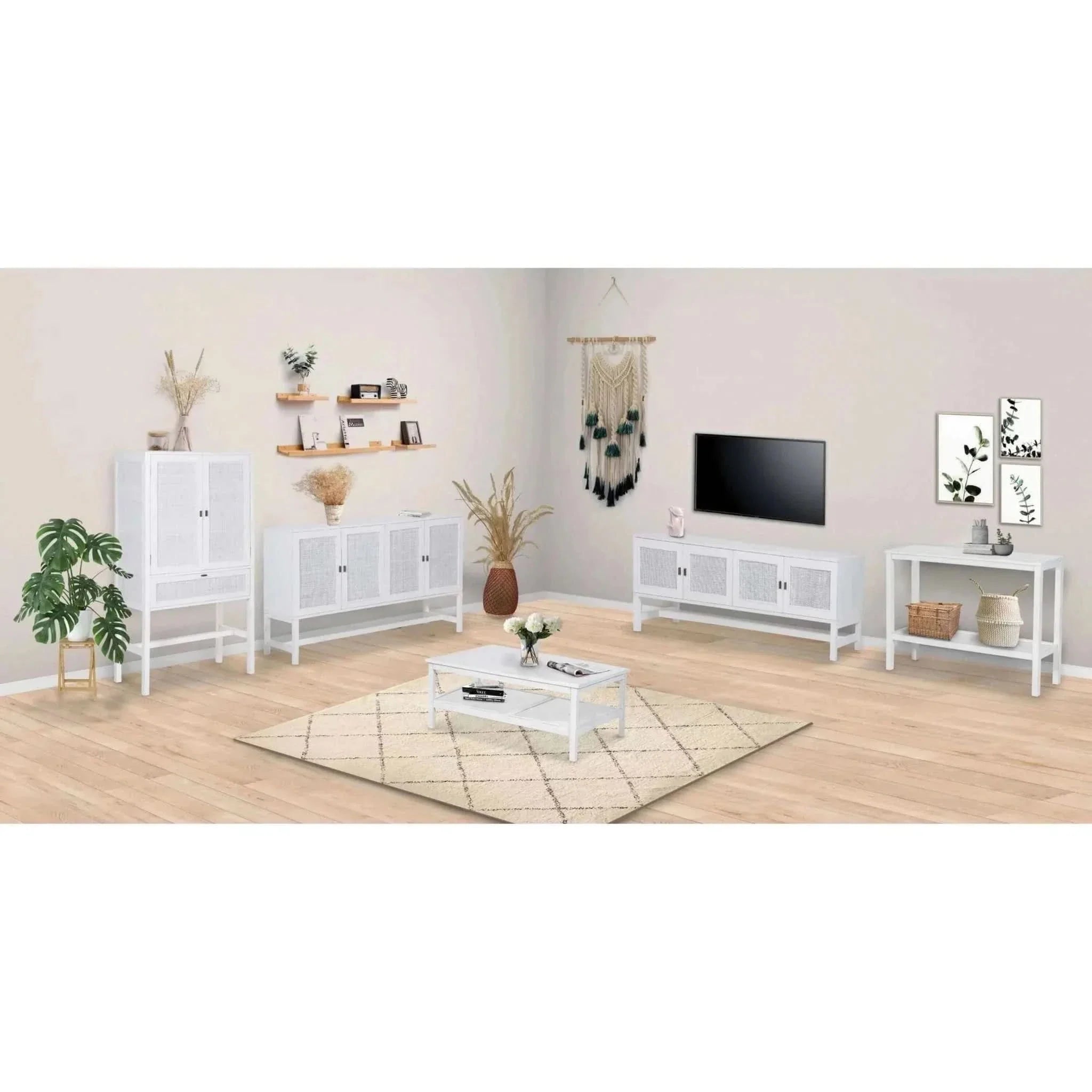 Jasmine Mindi Wood Rattan 160cm White Entertainment Unit