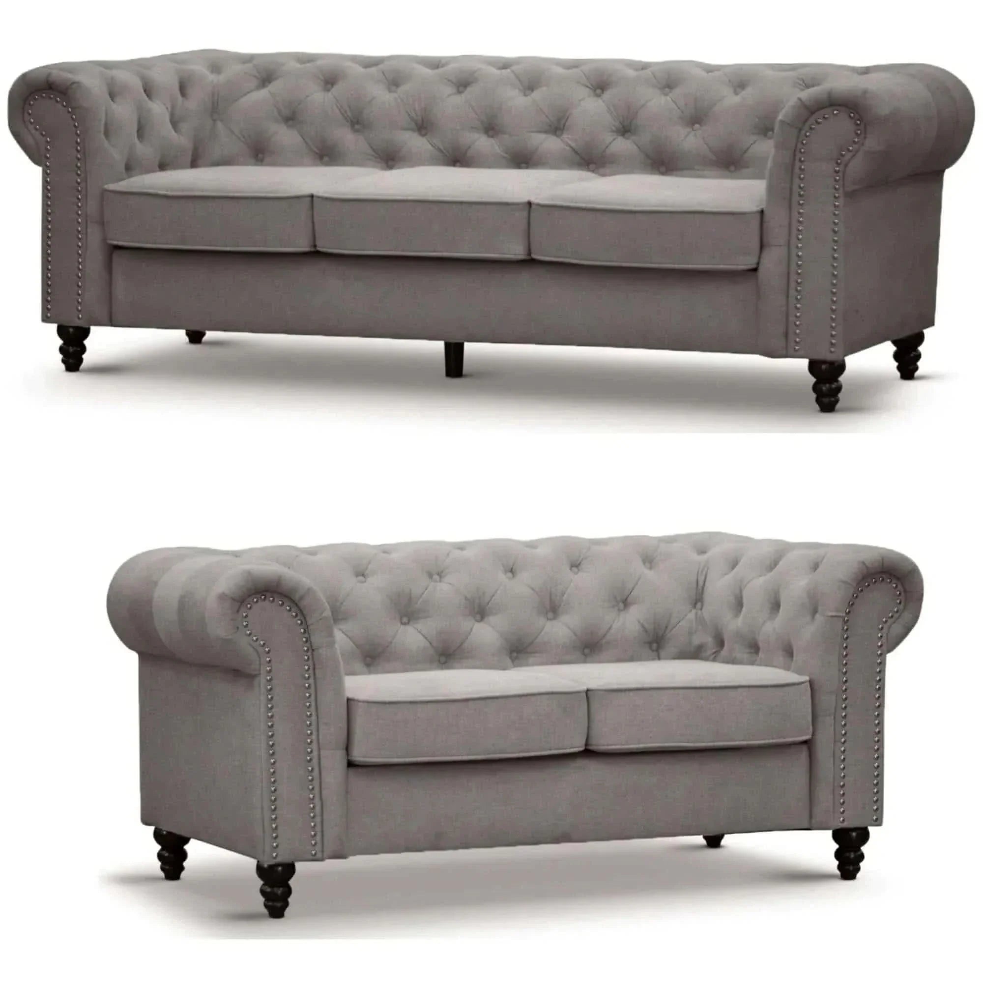 Mellowly Fabric Upholstered Chesterfield Grey Sofa 3 and 2 Seater
