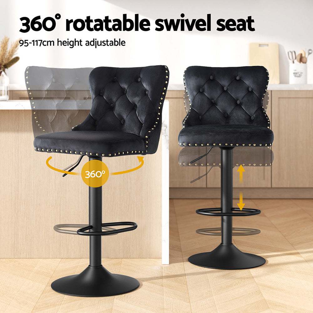 Artiss 4x Velvet Bar Stool Adjustable Height Nailhead Trim Kitchen Counter Stool