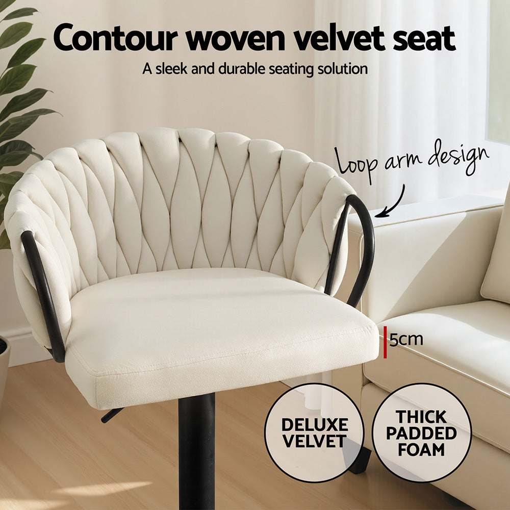 Artiss Bar Stool x4 Kitchen Dining Chair Counter Gaslift Woven Velvet Ivory