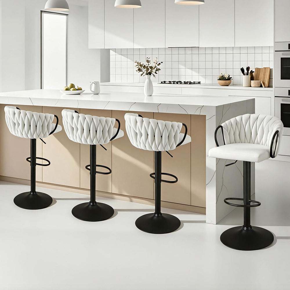 Artiss Bar Stool x4 Kitchen Dining Chair Counter Gaslift Woven Velvet Ivory