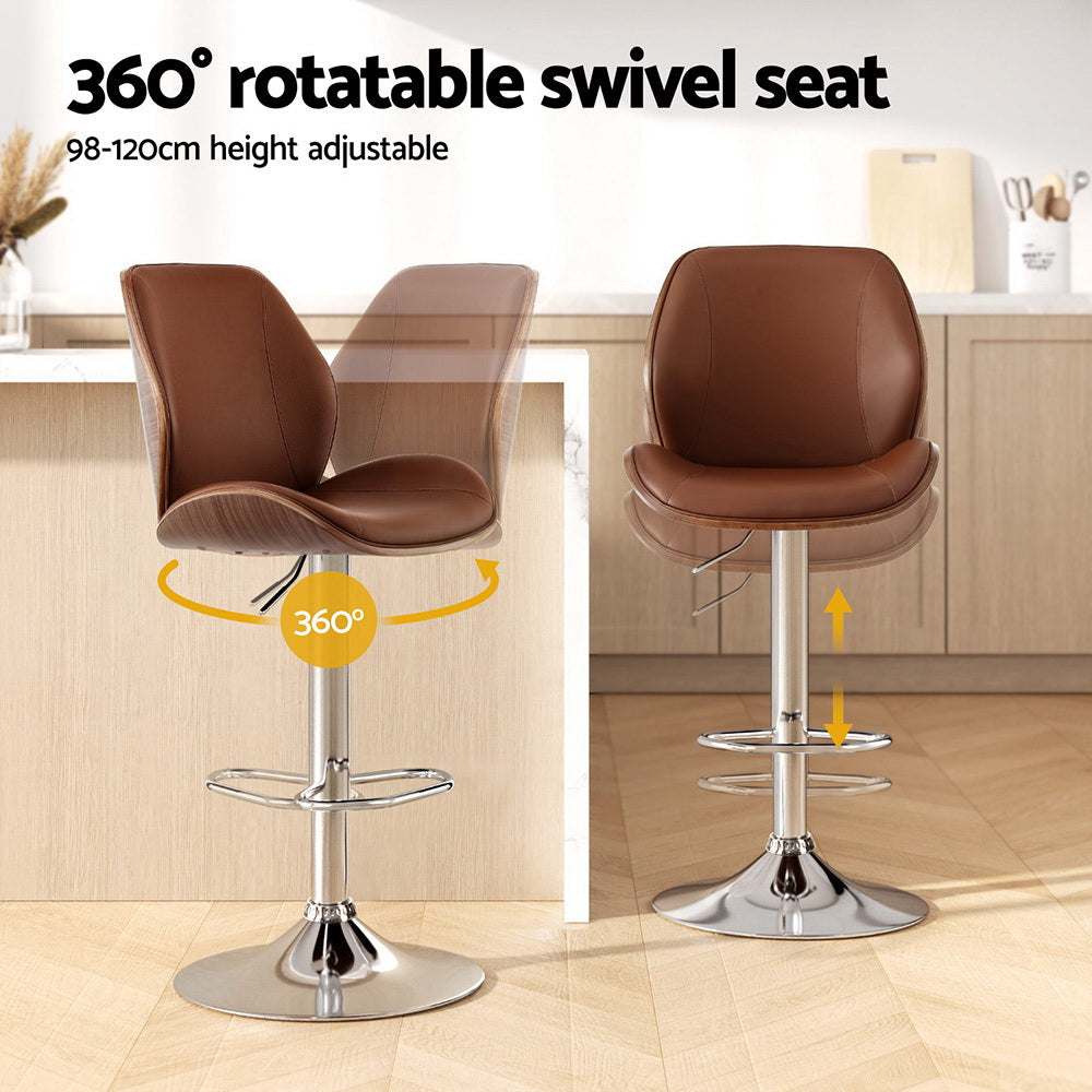 Artiss 4X Bar Stools Bentwood Adjustable Kitchen Counter Leather Chair - Brown