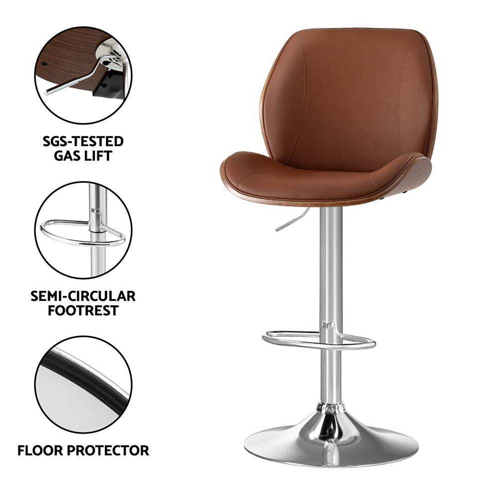 Artiss 4X Bar Stools Bentwood Adjustable Kitchen Counter Leather Chair - Brown