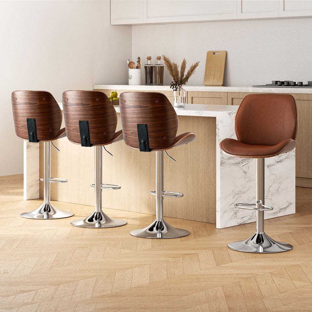 Artiss 4X Bar Stools Bentwood Adjustable Kitchen Counter Leather Chair - Brown