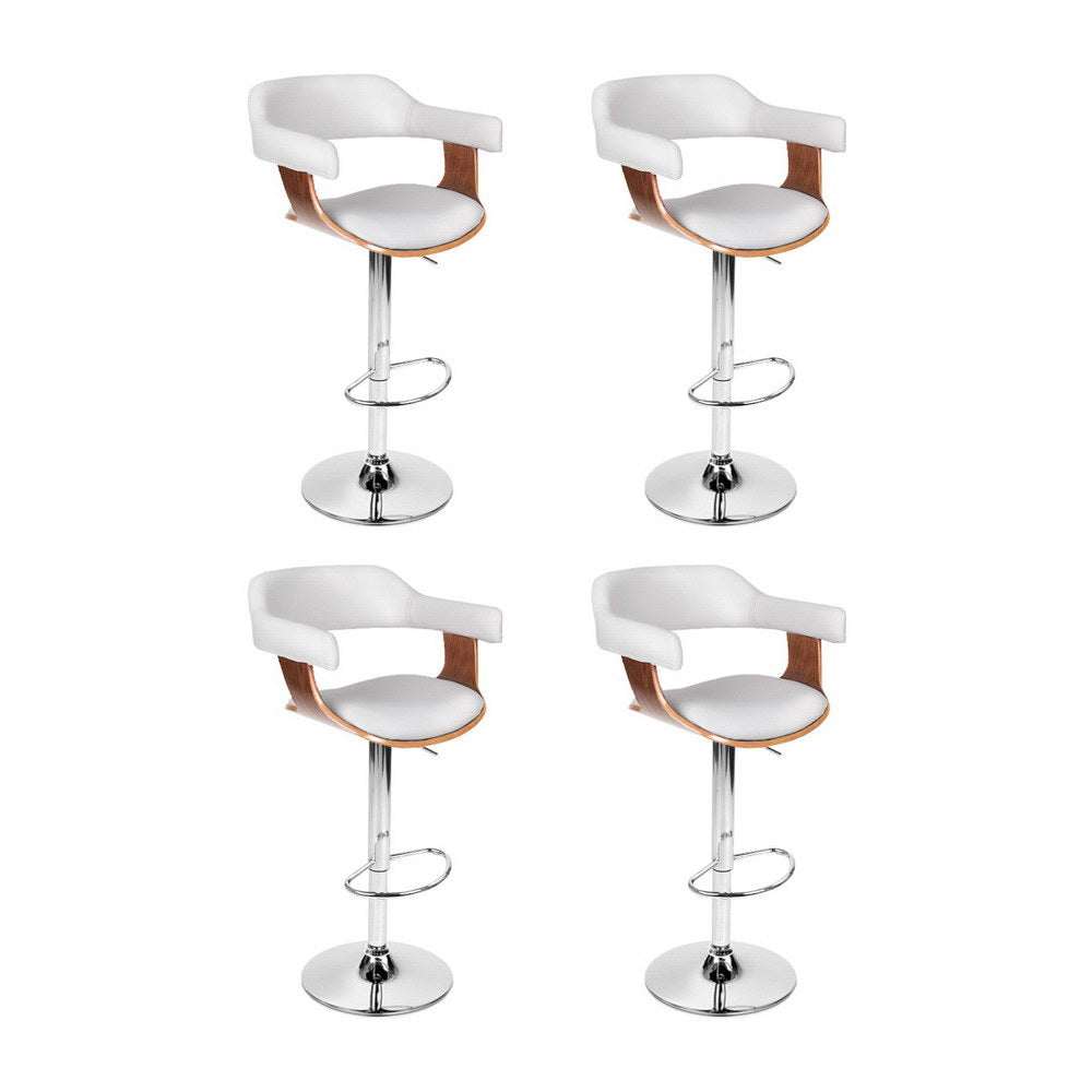 Set of four white Artiss bar stools with adjustable height, PU leather seats, and chrome finish.