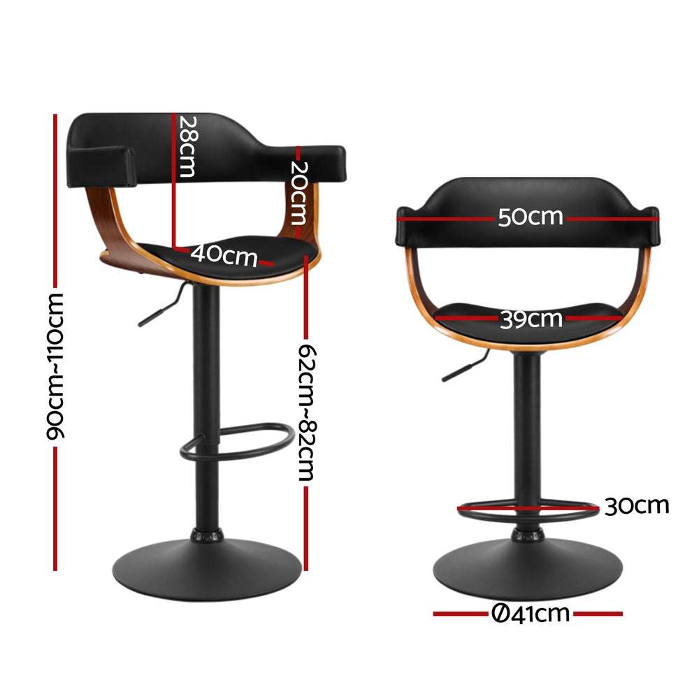 Artiss 4x Bar Stools in black with gas lift, armrests, and PU leather padded seats, featuring a sturdy steel base and elegant wooden seat structure.