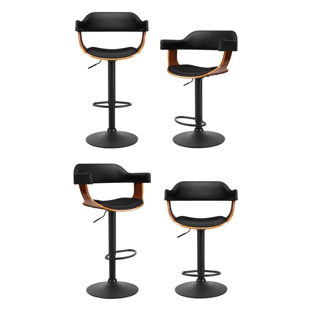 Artiss 4x black bar stools with armrests, PU leather seats, and chrome gas lift.