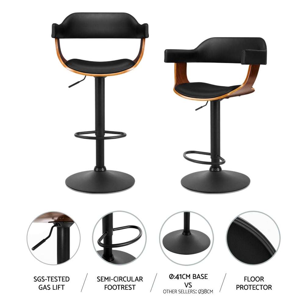 Artiss 4x Bar Stools with gas lift and armrest in black PU leather with chrome base.