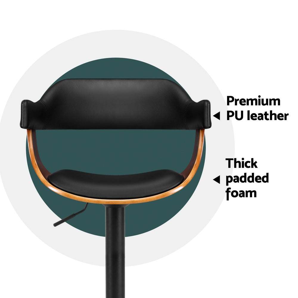 Artiss 4x Bar Stools Gas Lift Leather with Armrest, black PU leather seat with padded foam and wooden accents.