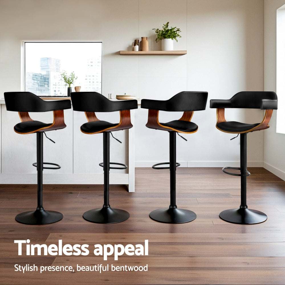 Artiss 4x Bar Stools with black leather and armrest, featuring chrome base, wooden seat, and gas lift.