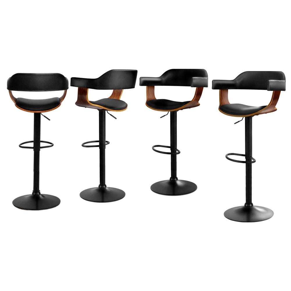 Artiss 4x black bar stools with armrests, PU leather seats, and chrome gas lift.