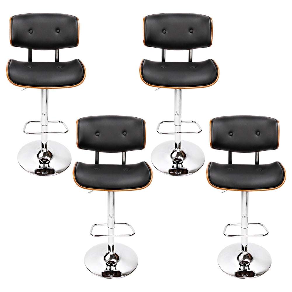 Artiss 4x Bar Stools Gas Lift Leather Black with Chrome Base and Wooden Seat Structure.
