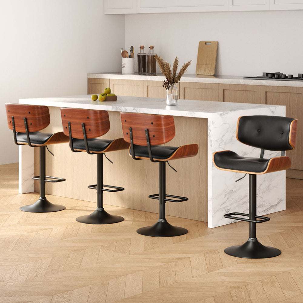 Artiss 4x Bar Stools with black PU leather and elegant wooden seat in modern kitchen setting.