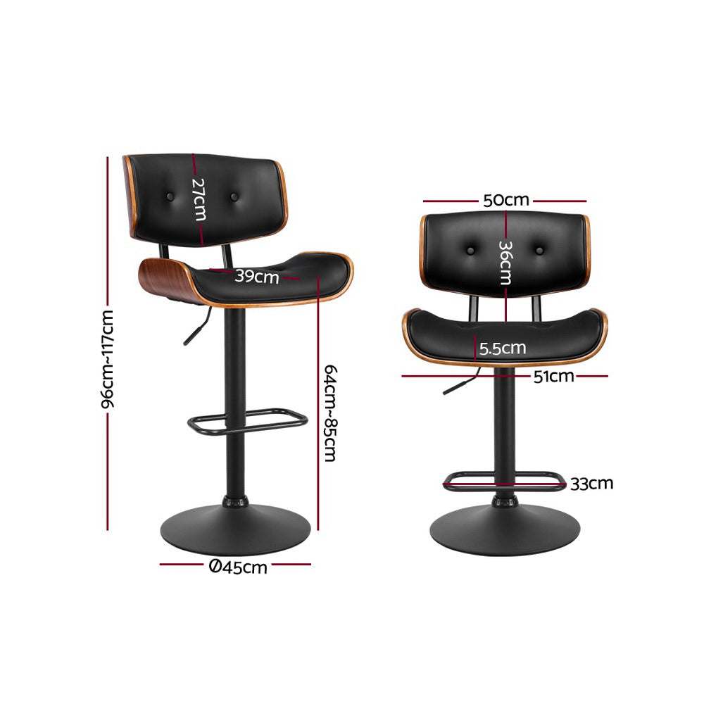 Artiss 4x Bar Stools Gas Lift Leather in Black with chrome base and wooden seat structure.
