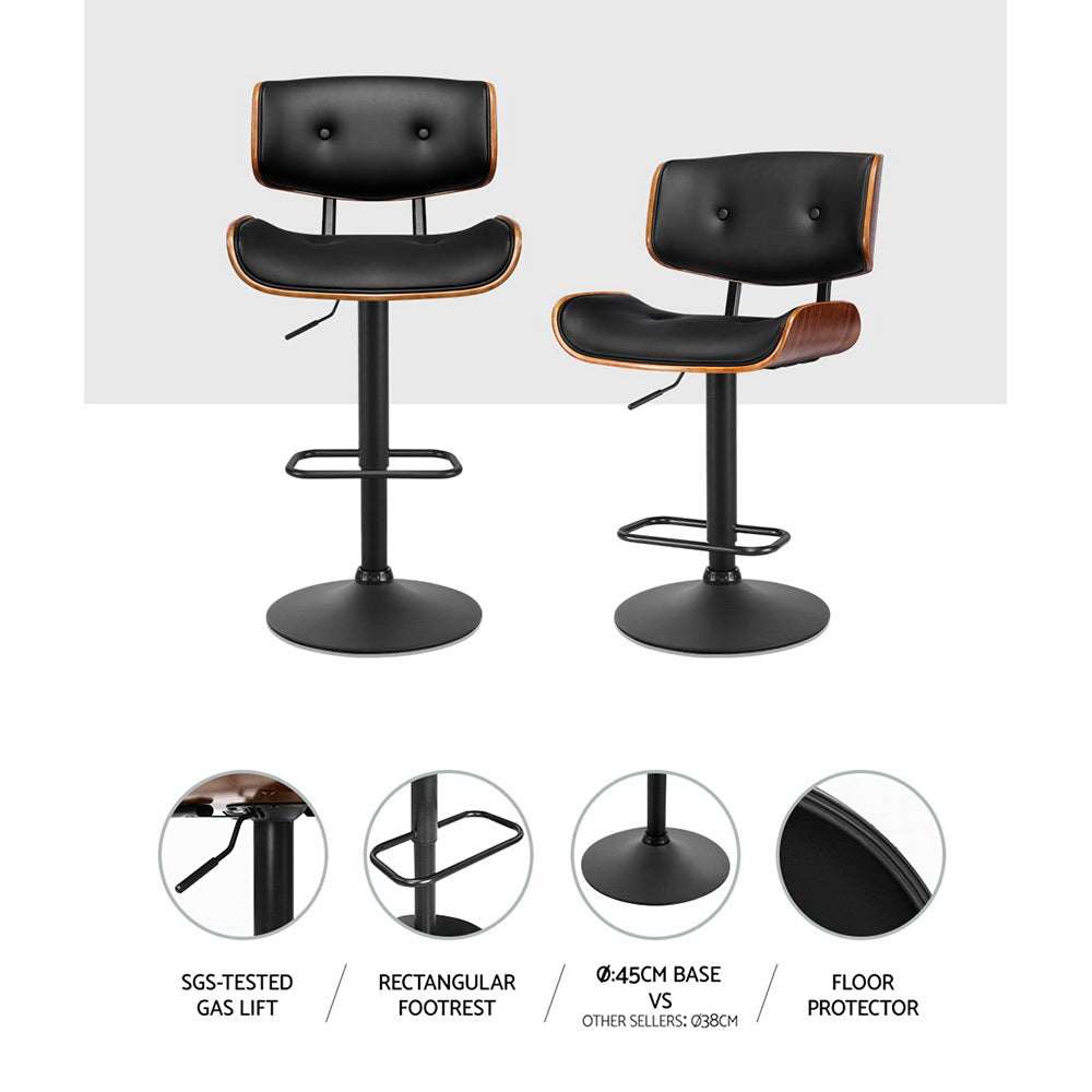 Artiss 4x Bar Stools with gas lift, black PU leather seat, wooden structure, chrome base.