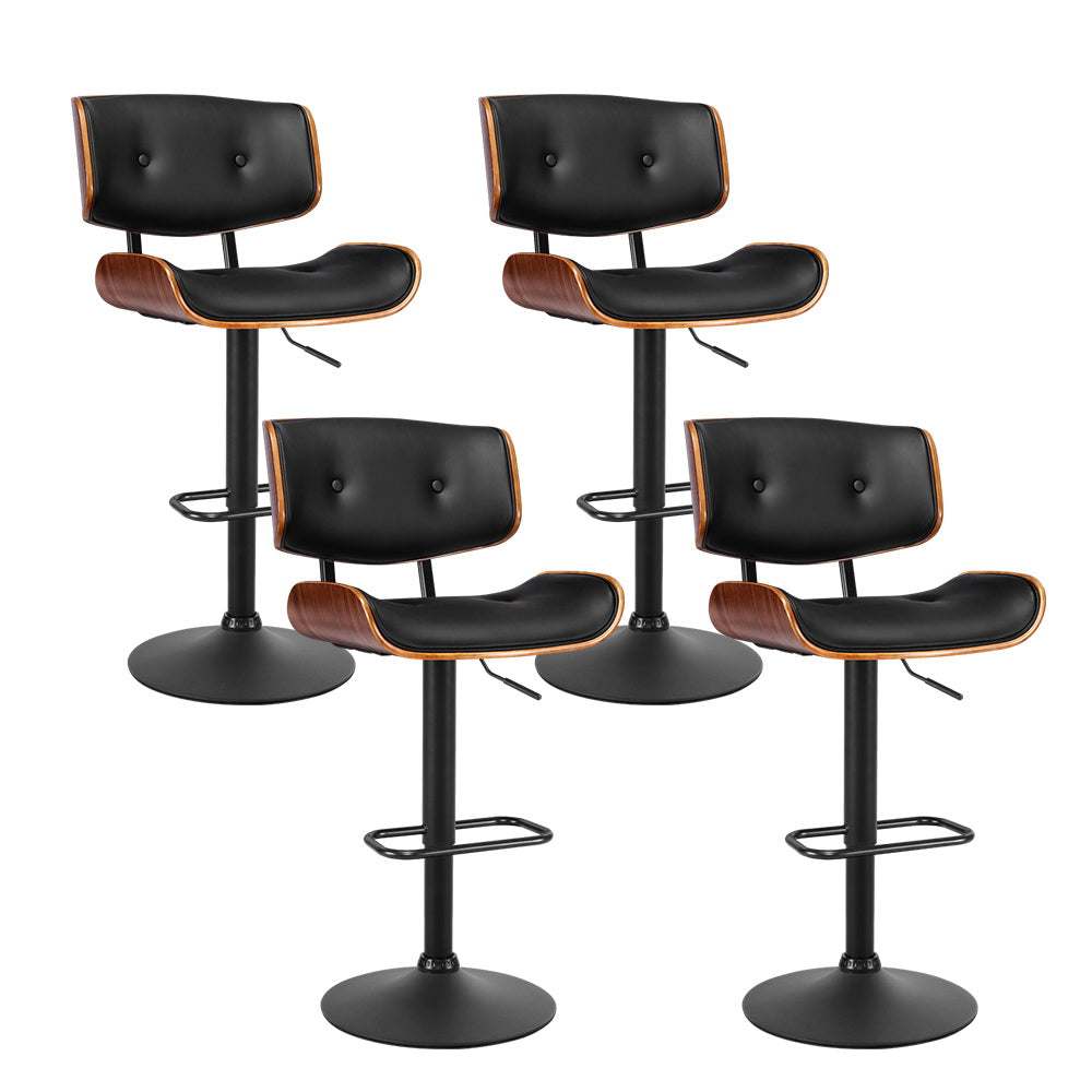 Artiss 4x bar stools with black PU leather seats, chrome base, and gas lift lever.