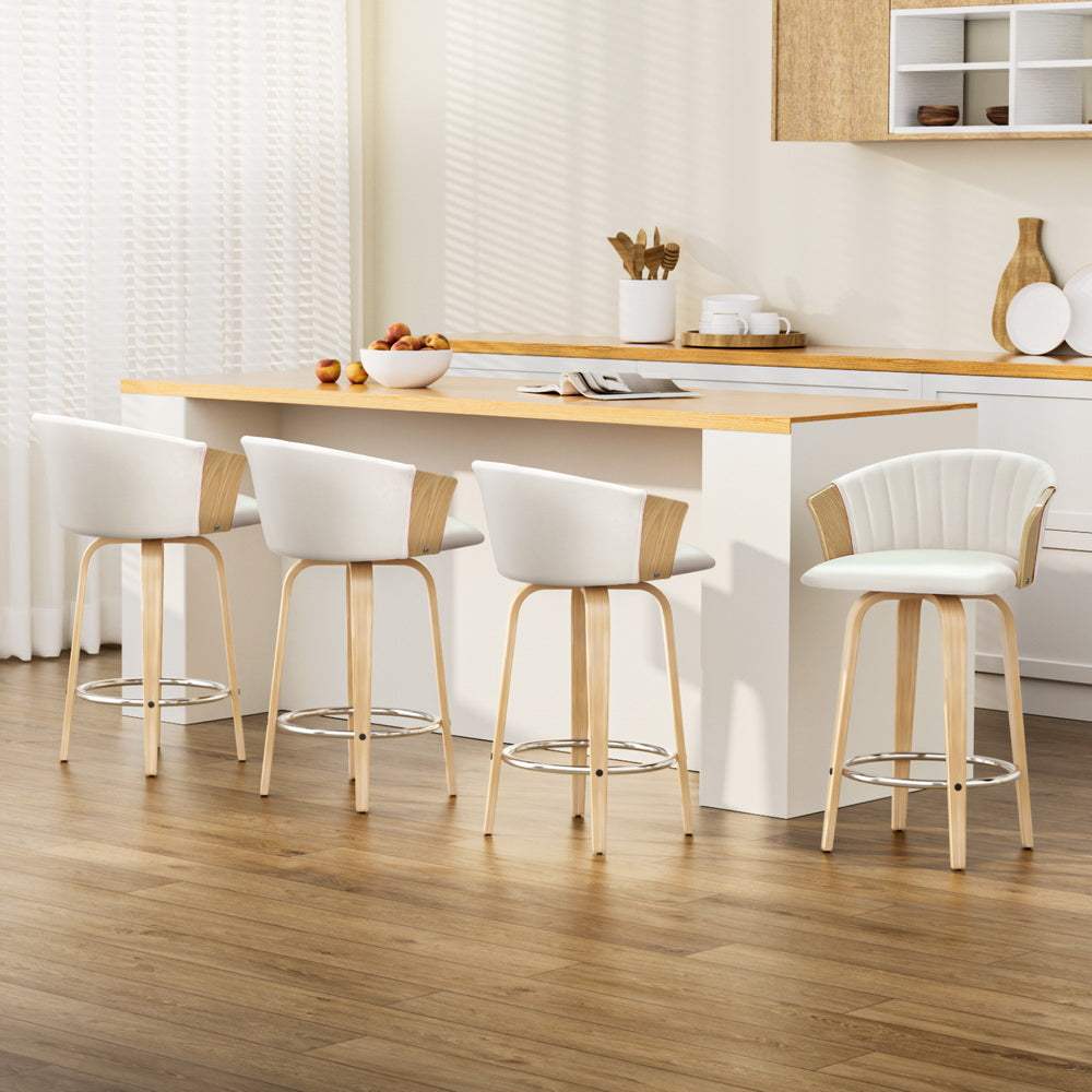 Artiss 4x Bar Stools with white leather seats and wooden legs in a modern kitchen setting.