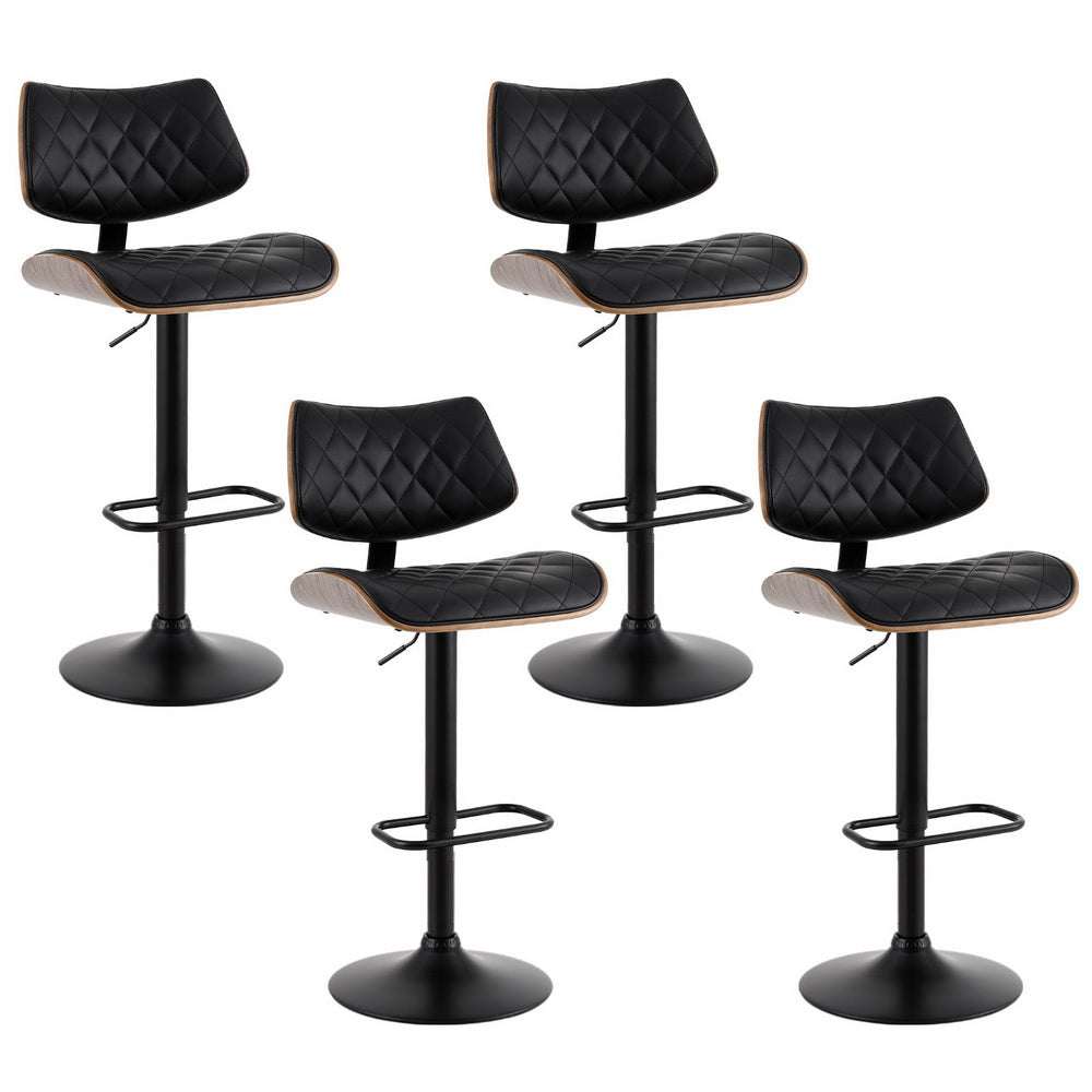 Artiss 4x Bar Stools with black leather, wooden finish, adjustable swivel seats, and sturdy bases.