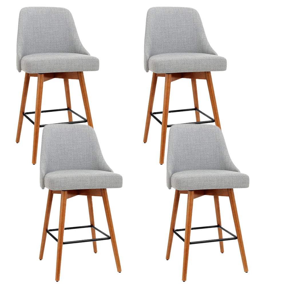 Artiss 4x Bar Stools with swivel seat, wooden frame, faux linen upholstery in light grey.