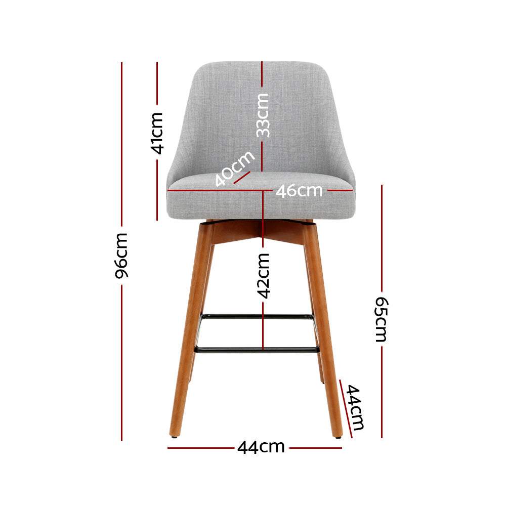Artiss 4x Bar Stools with swivel seat, grey faux linen, wooden plywood frame.