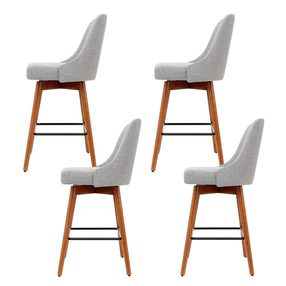 Artiss 4x bar stools with swivel seat in light grey faux linen, wooden frame, padded backrest, and powder-coated footrest.