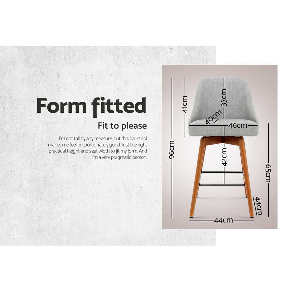 Artiss 4x Bar Stools with Swivel Seat, Wooden Grey, Faux Linen Upholstery, Curved Backrest.