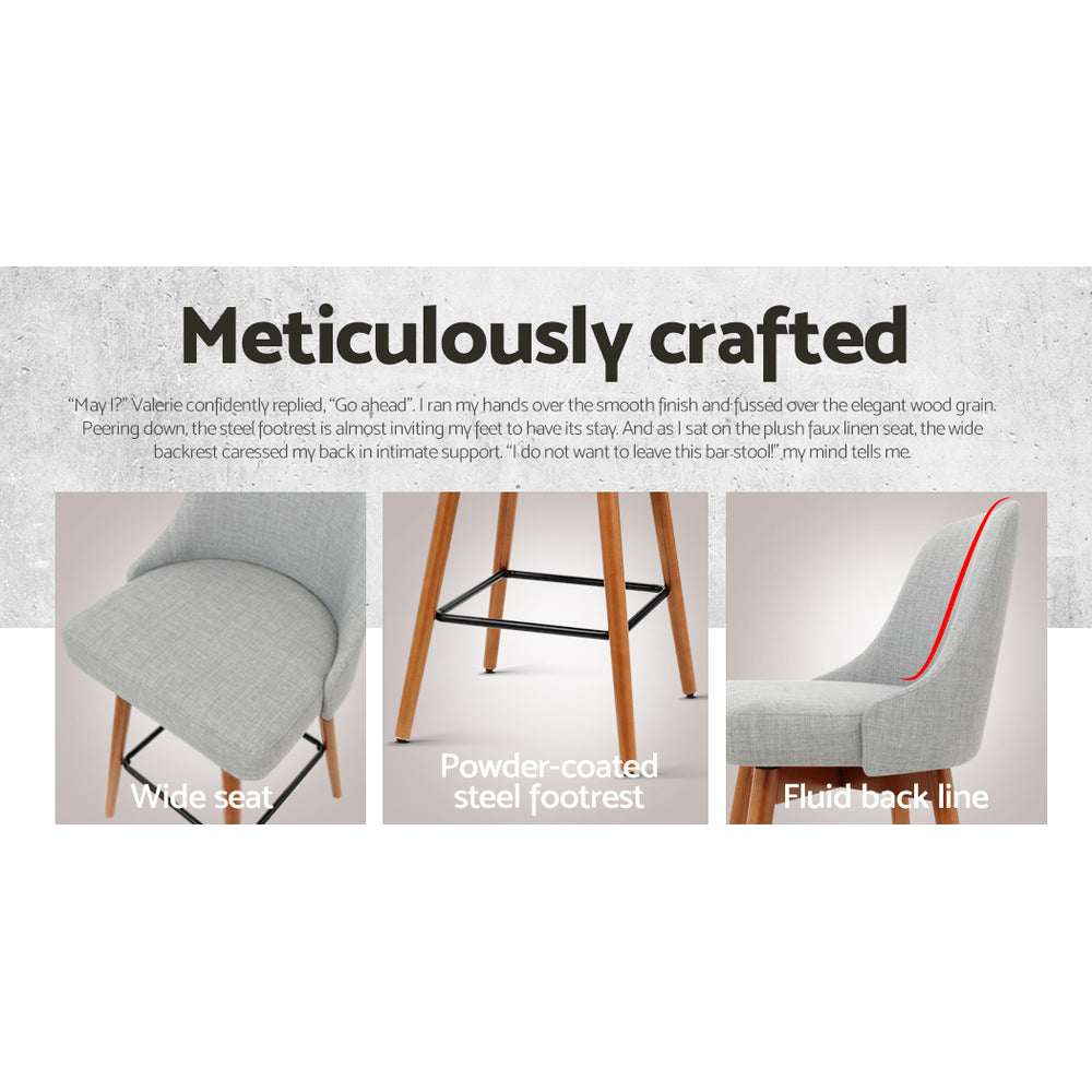 Artiss 4x bar stools with swivel seat, wooden frame, grey faux linen, and powder-coated steel footrest.