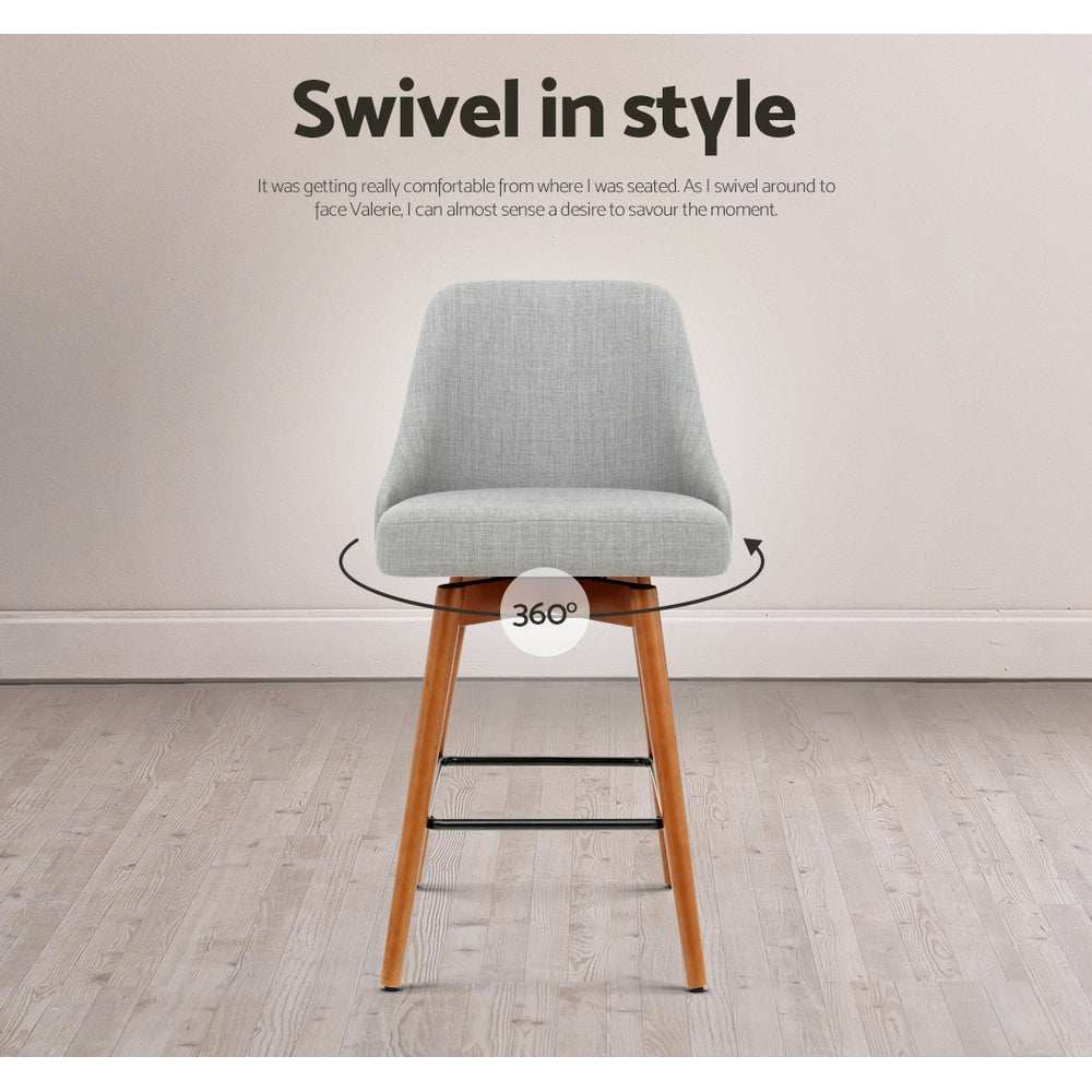 Artiss 4x Bar Stools with swivel seat, wooden frame, and grey faux linen upholstery.