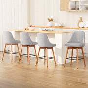 Artiss 4x Bar Stools with swivel seat, wooden frame, and grey faux linen upholstery in a modern kitchen setting.