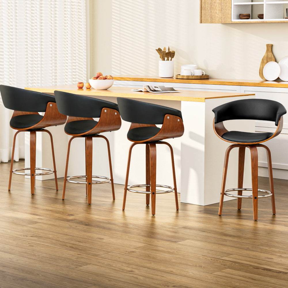 Artiss 4x Bar Stools with swivel PU leather seats and wooden frames, featuring a walnut finish, padded support, and anti-slip protectors.