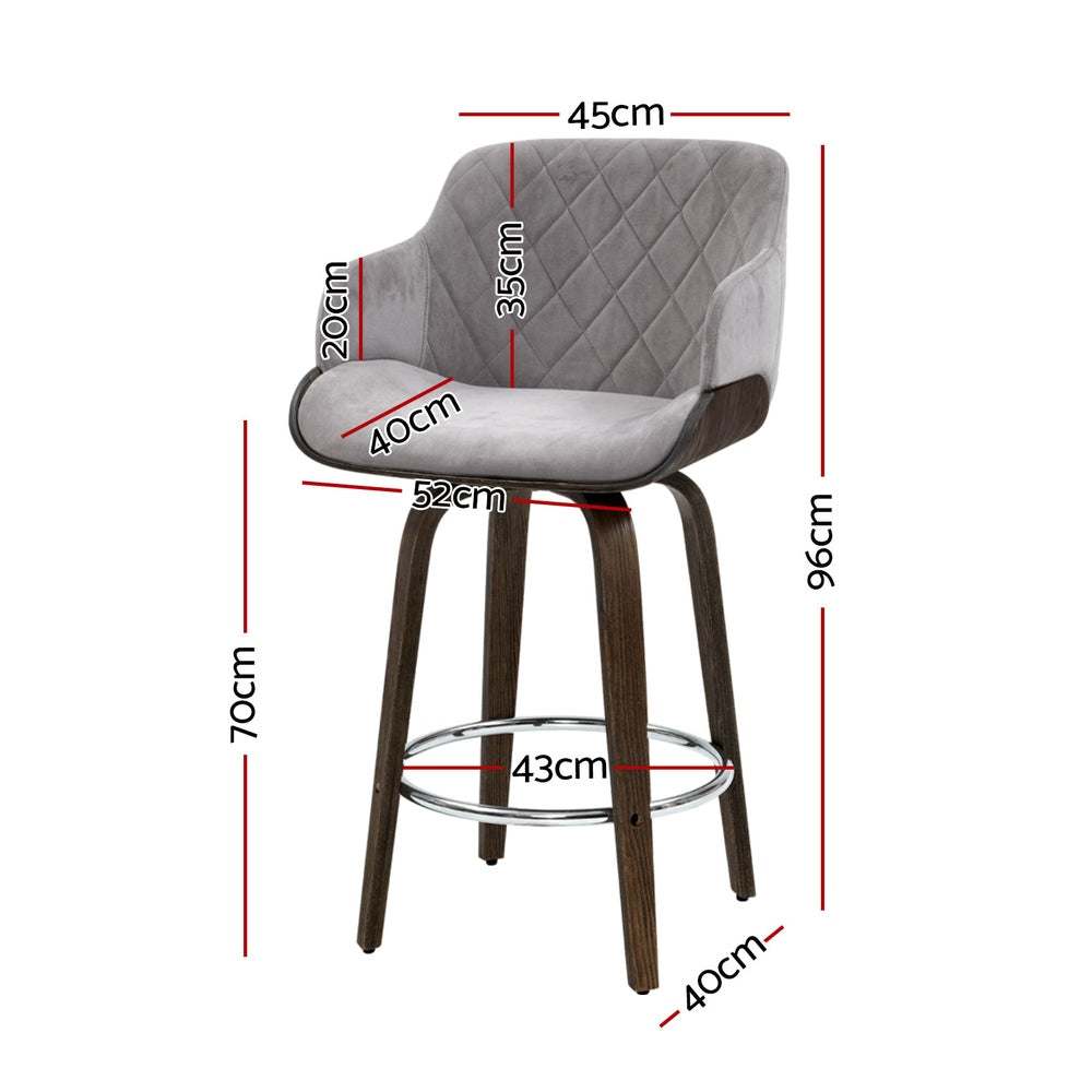 Swivel velvet padded bar stool with wooden legs and chrome footrest, 4x set.