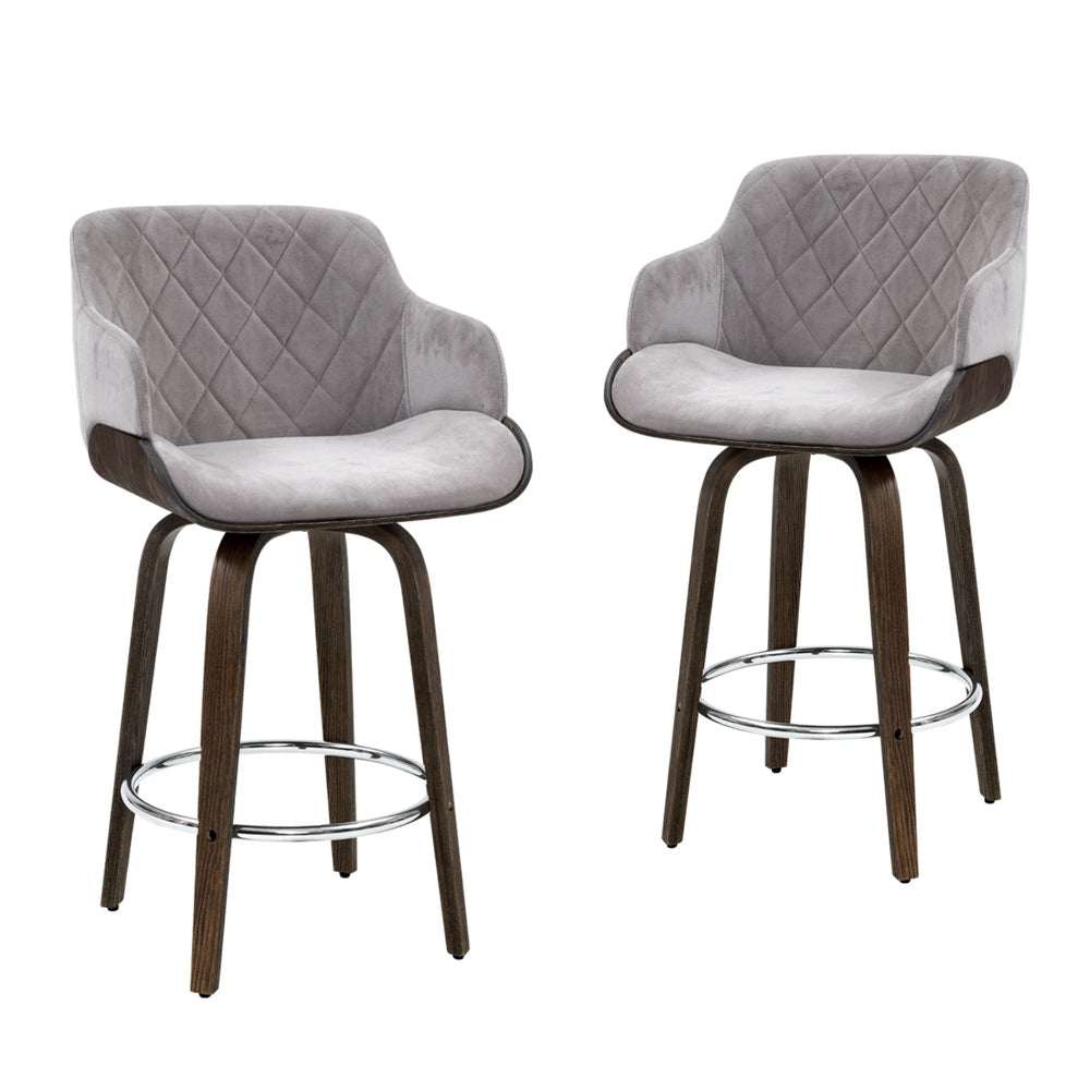 Velvet padded 4x bar stools with wooden legs and swivel seat.