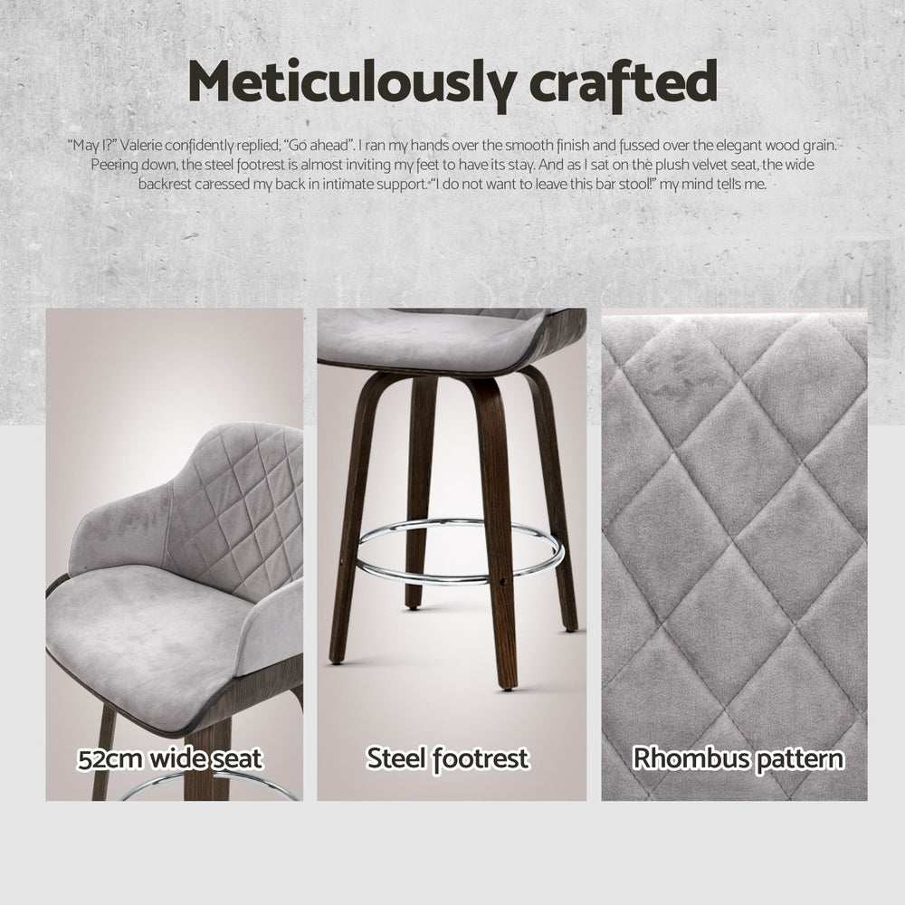 Meticulously crafted grey velvet bar stools with wooden legs and chrome footrests, featuring a 52cm wide seat and rhombus pattern, ideal for home or cafe.