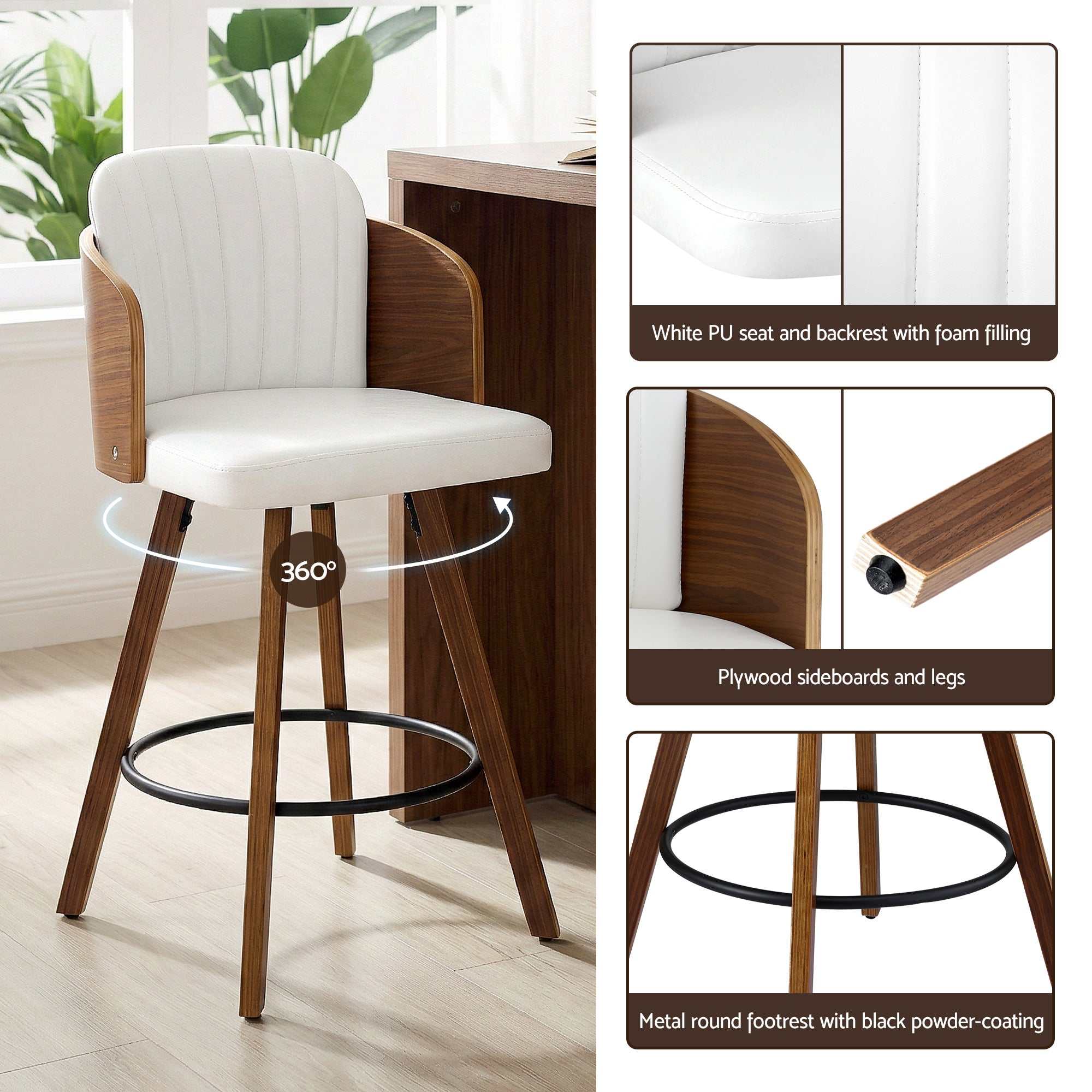 Artiss Wooden Bar Stools Swivel Kitchen Counter Stool Chair 58cm Seat Height