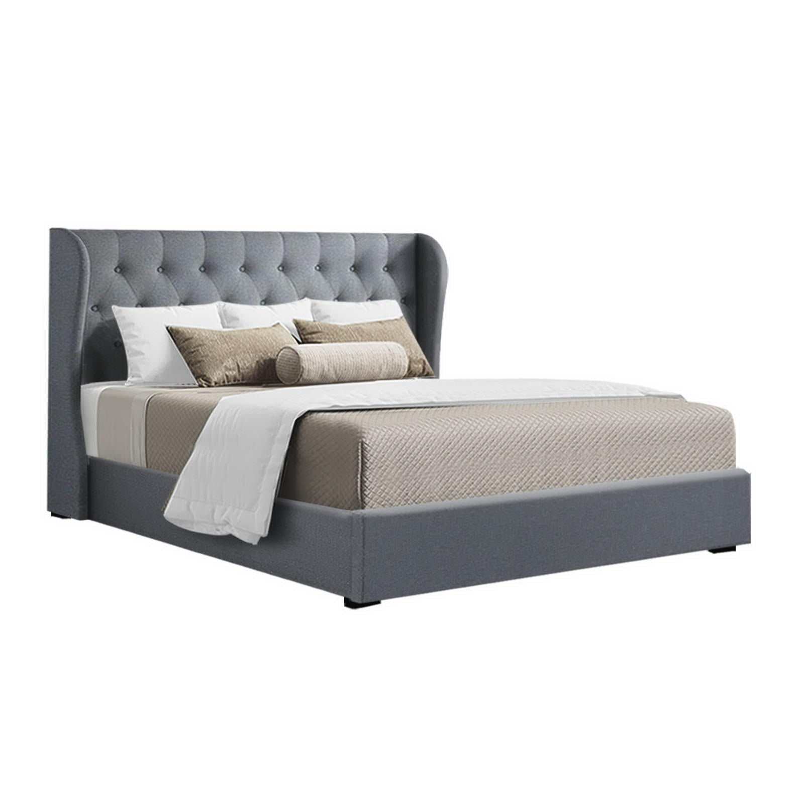 Queen size Artiss bed frame with grey tufted headboard and gas lift storage.