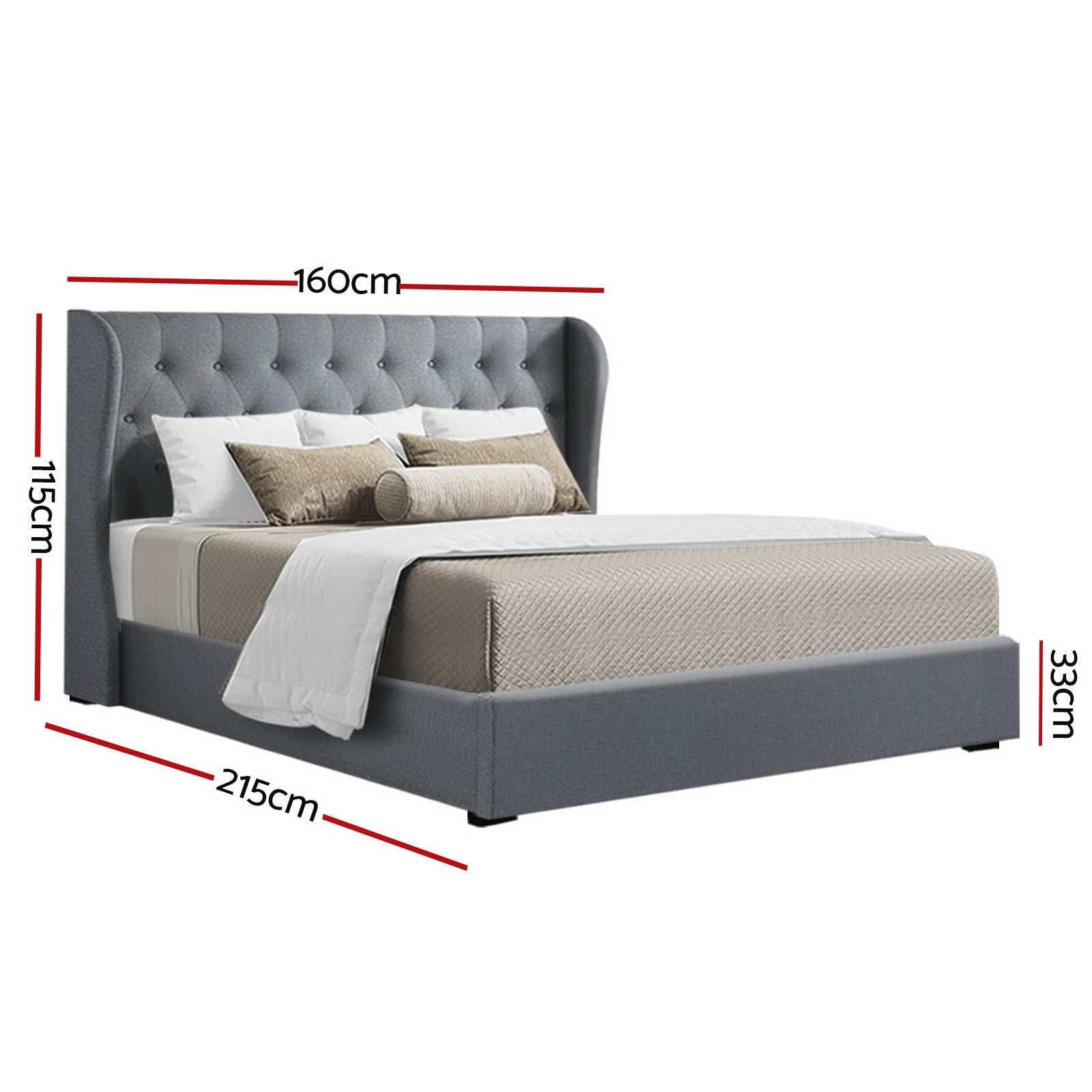 Queen-size Artiss grey bed frame with tufted headboard and gas lift storage.
