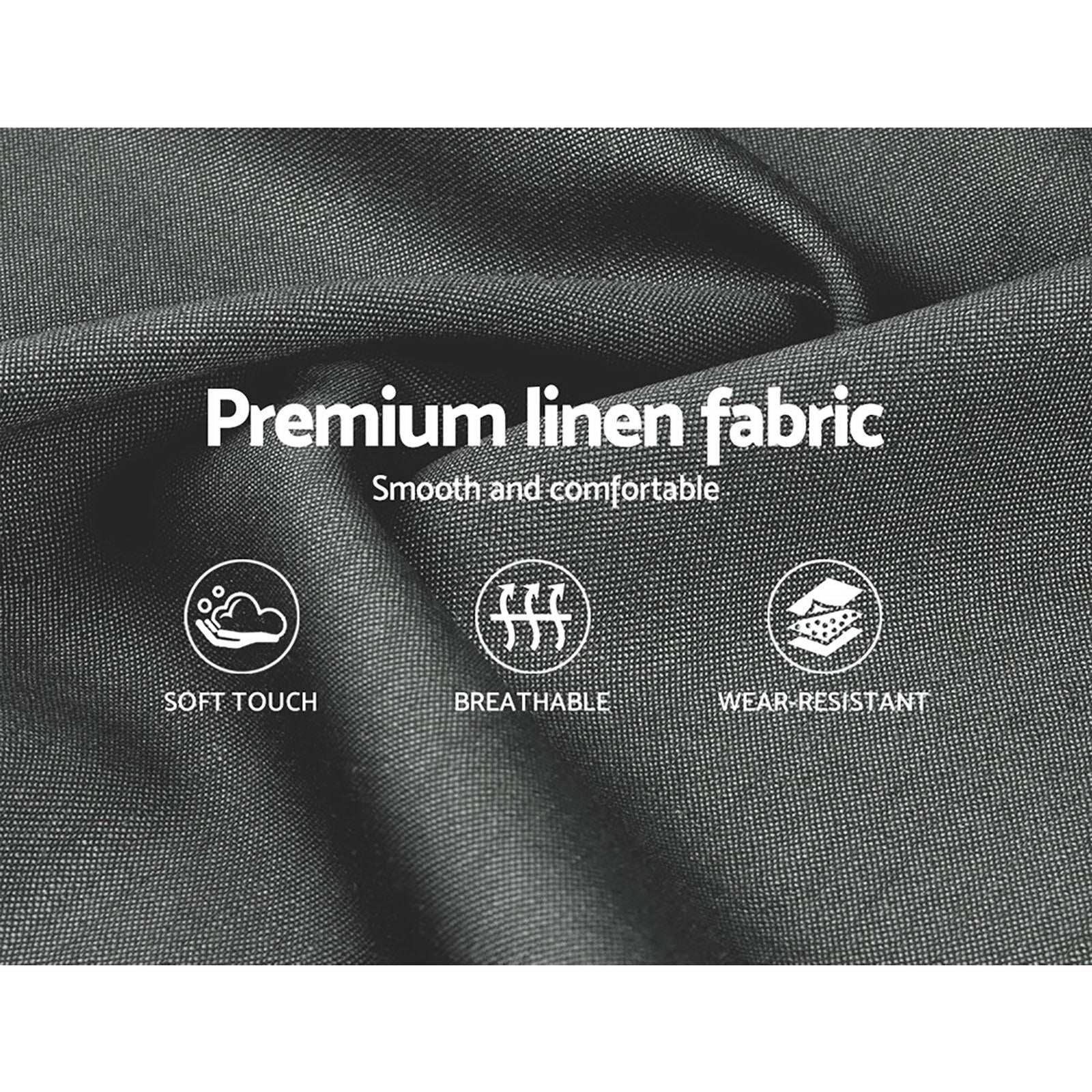Premium linen fabric showcasing soft touch, breathable, wear-resistant icons for Artiss Bed Frame.
