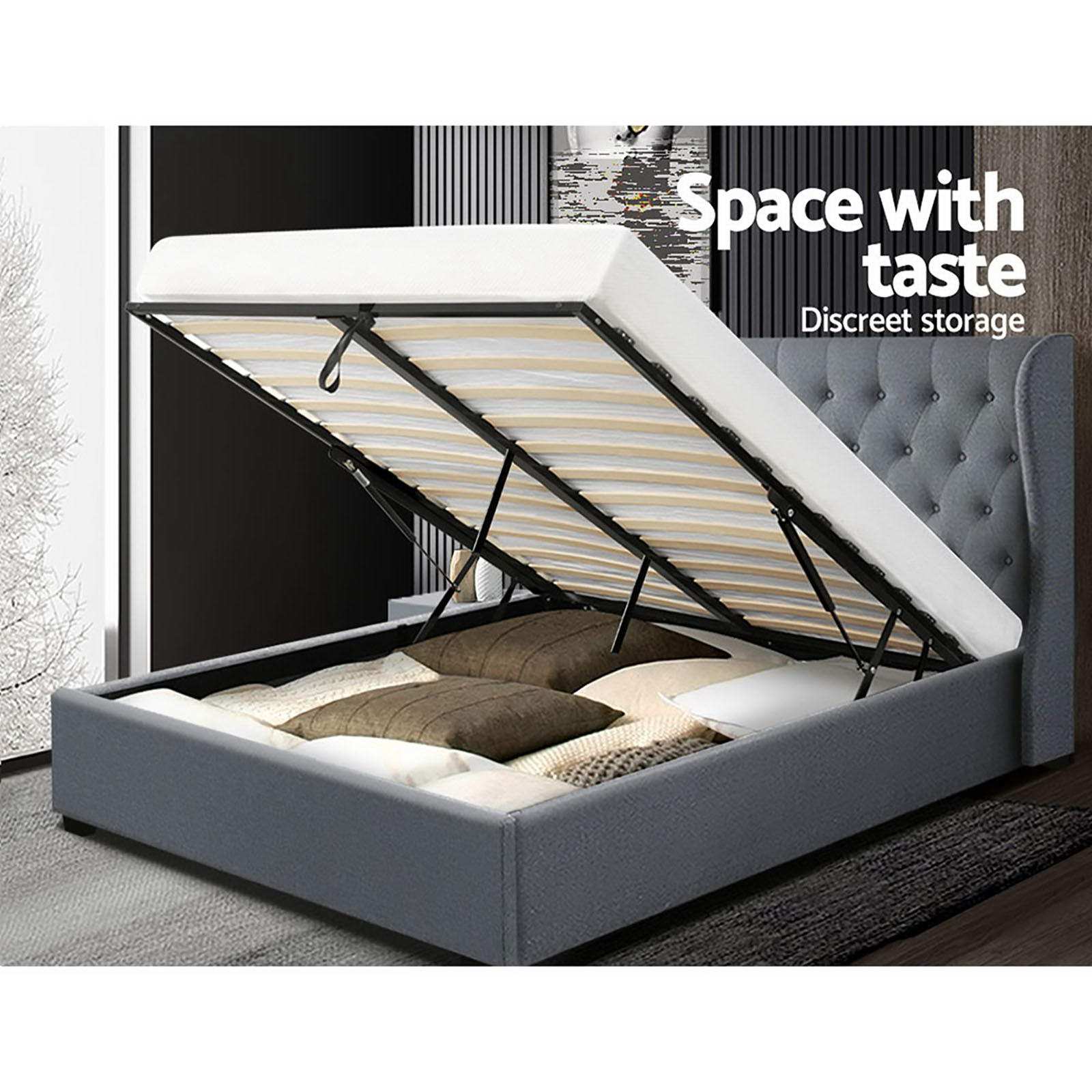 Queen size Artiss bed frame with grey upholstery and gas lift storage.