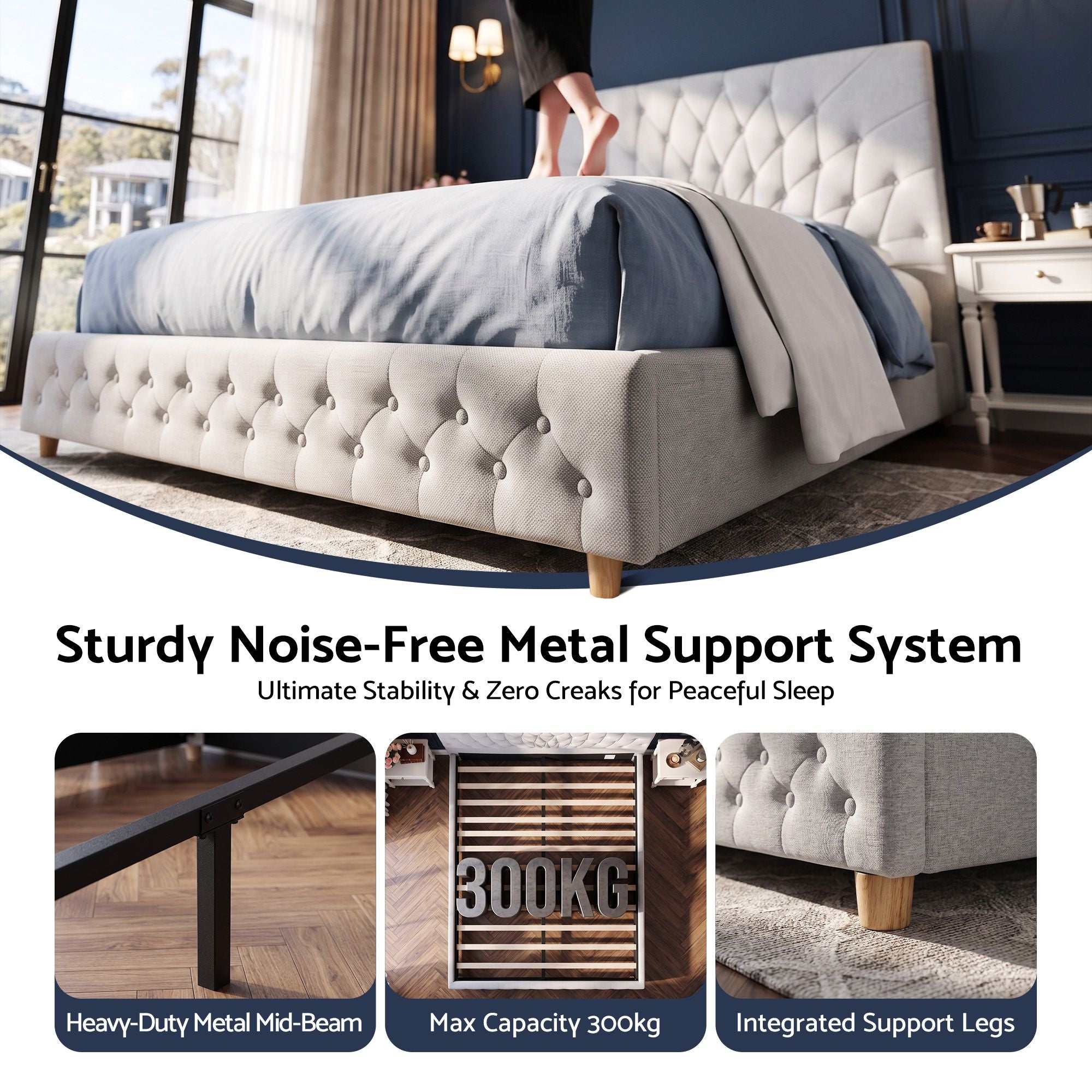 Artiss Queen Bed Frame with Tufted Headboard and Plywood Slats Grey