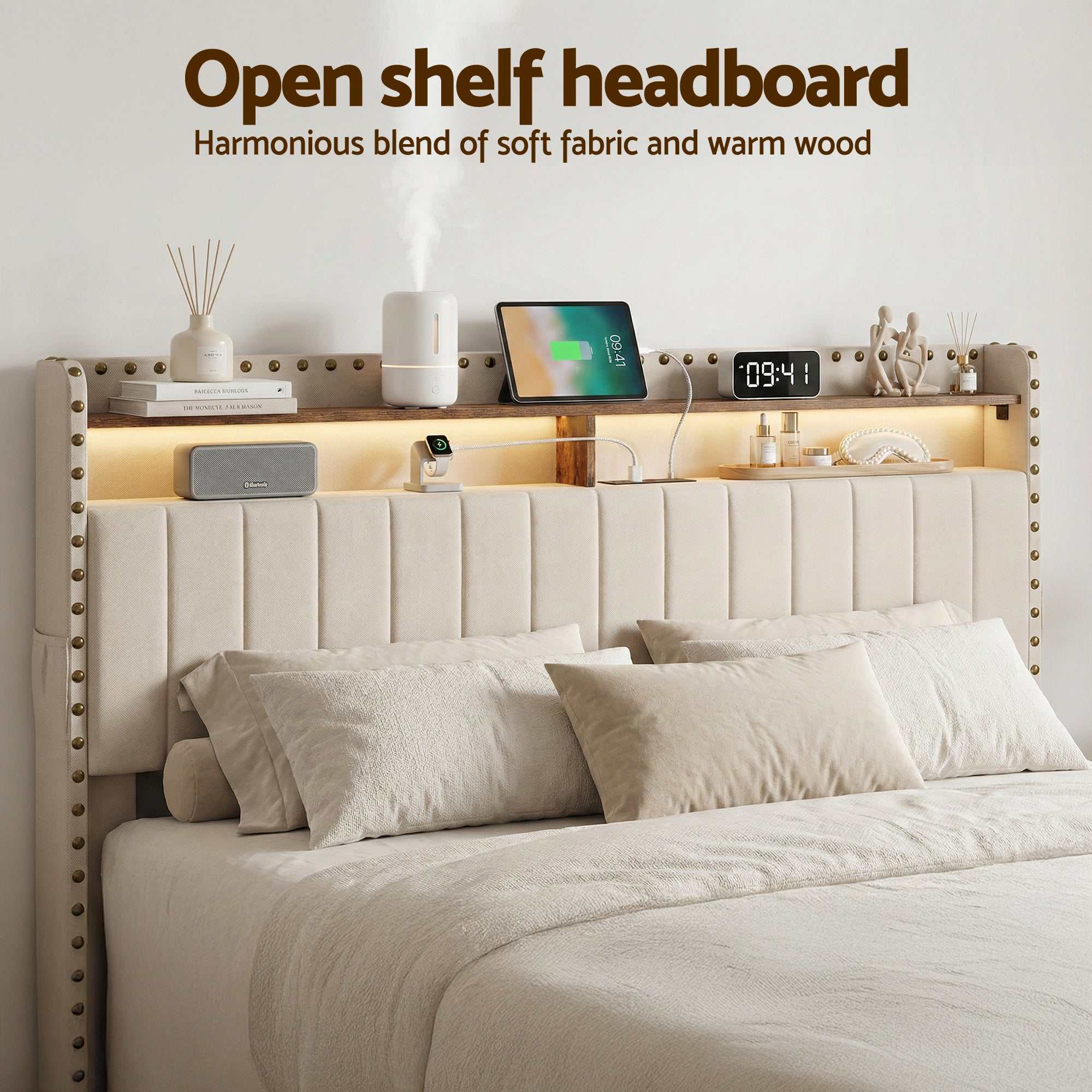 Artiss King Upholstered Bed Frame with Shelf Storage Drawers Charging Station Mood Lighting Linen