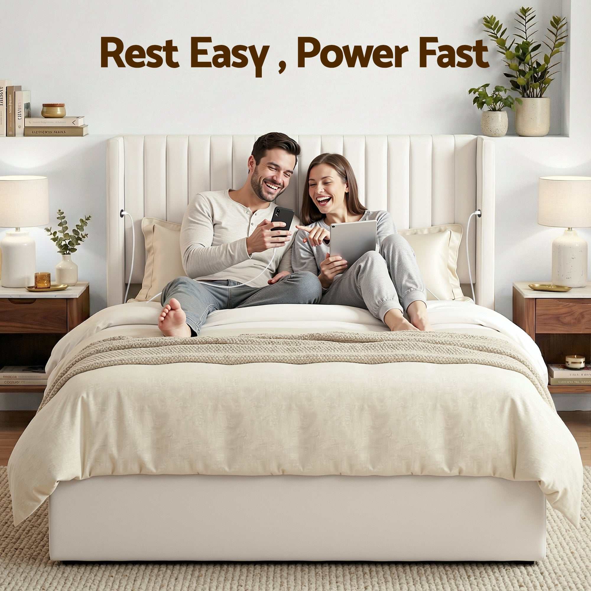 Artiss Double Bed Frame with Gaslift Storage USB Type-C Charging Ports Velvet Upholstery White