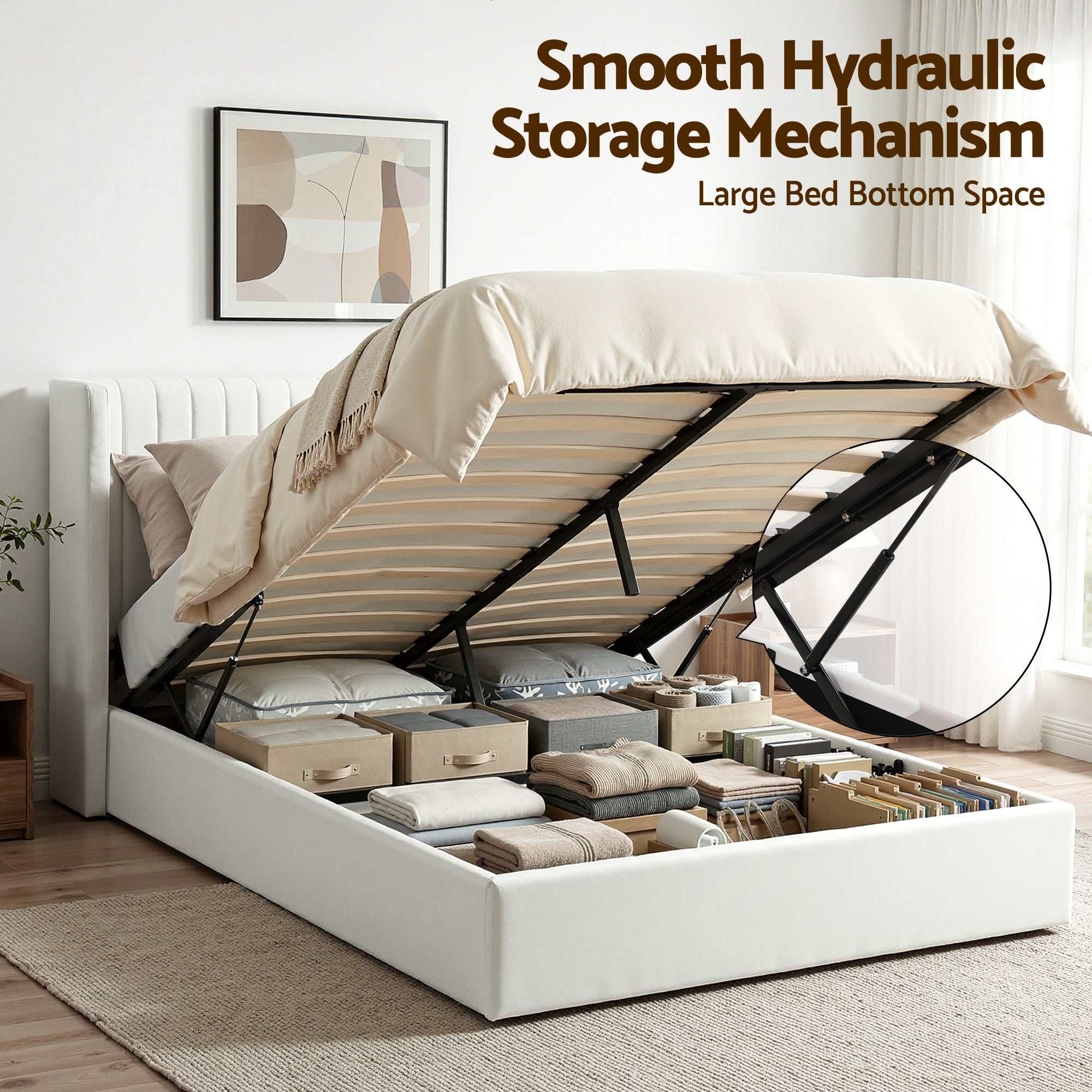 Artiss Double Bed Frame with Gaslift Storage USB Type-C Charging Ports Velvet Upholstery White