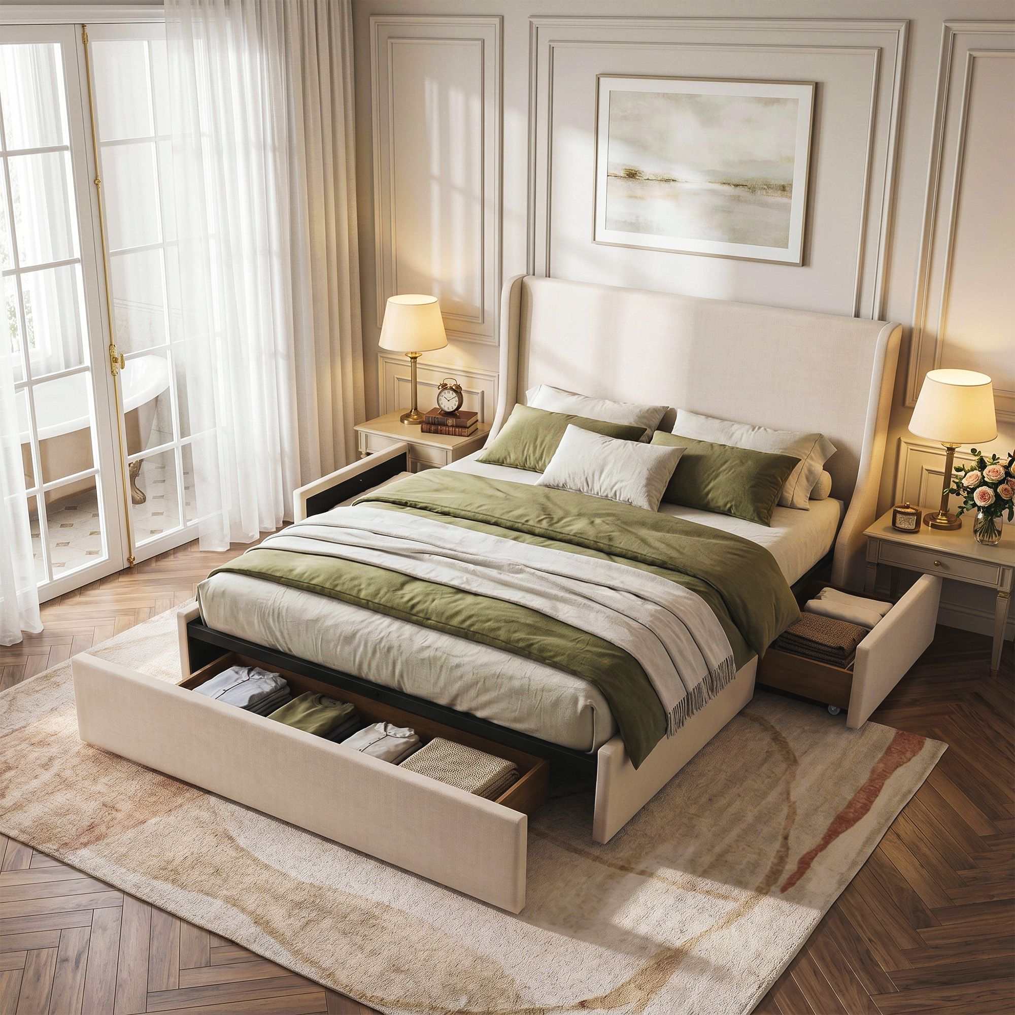 Artiss Queen Upholstered Bed Frame with 3 Storage Drawers Wingback Headboard Heavy Duty Metal Platform Base