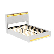 Artiss Bed Frame Gas Lift LED Beds Base Platform White PVC Leather Storage Headboard - Queen