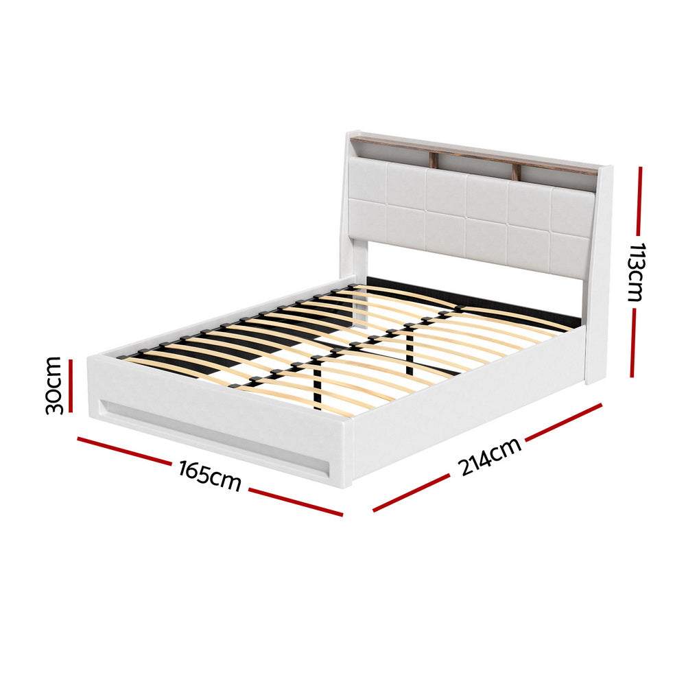 Artiss Bed Frame Gas Lift LED Beds Base Platform White PVC Leather Storage Headboard - Queen