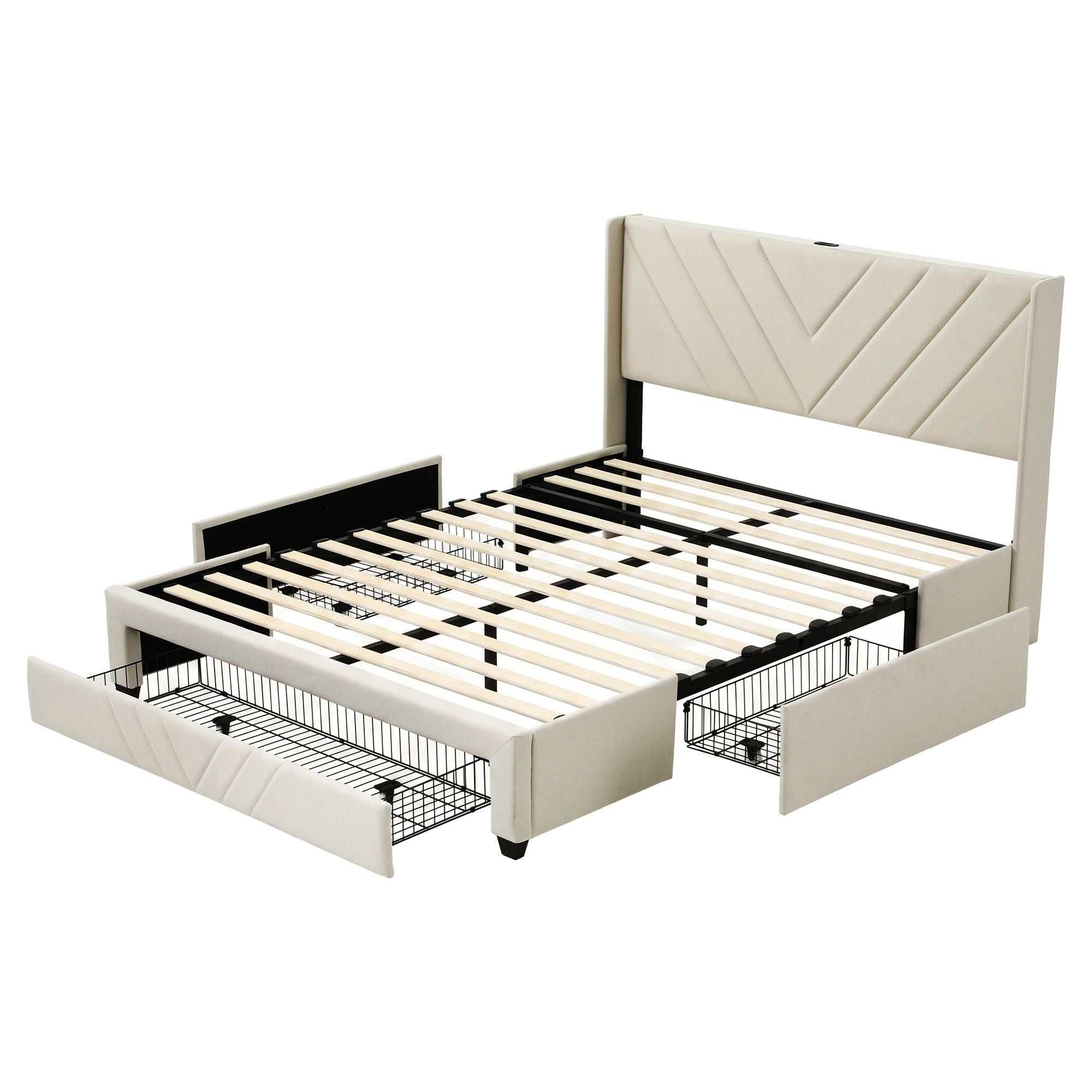 Artiss King Bed Frame with Charging Station and Storage Drawers Beige 300KG Noise Free