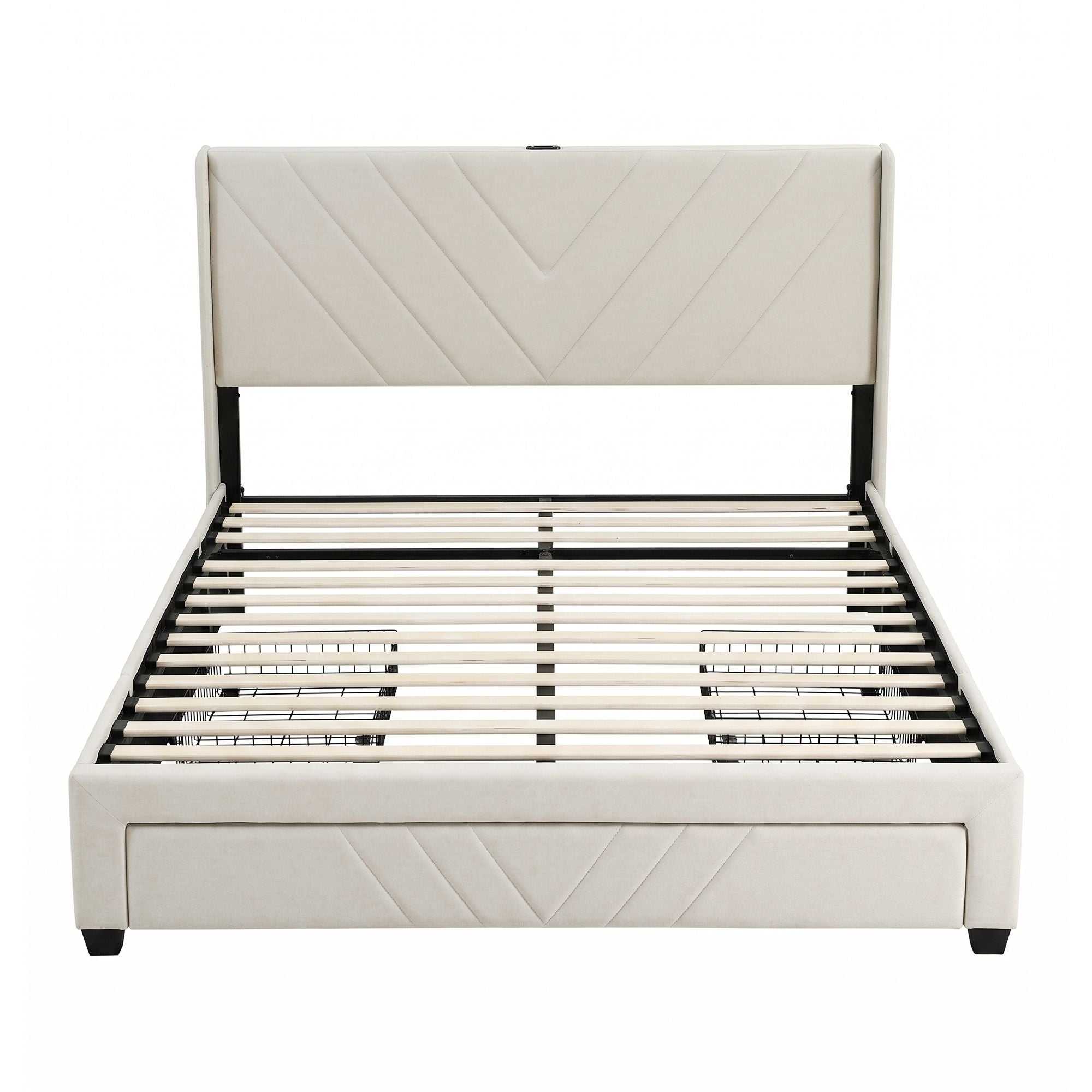 Artiss King Bed Frame with Charging Station and Storage Drawers Beige 300KG Noise Free