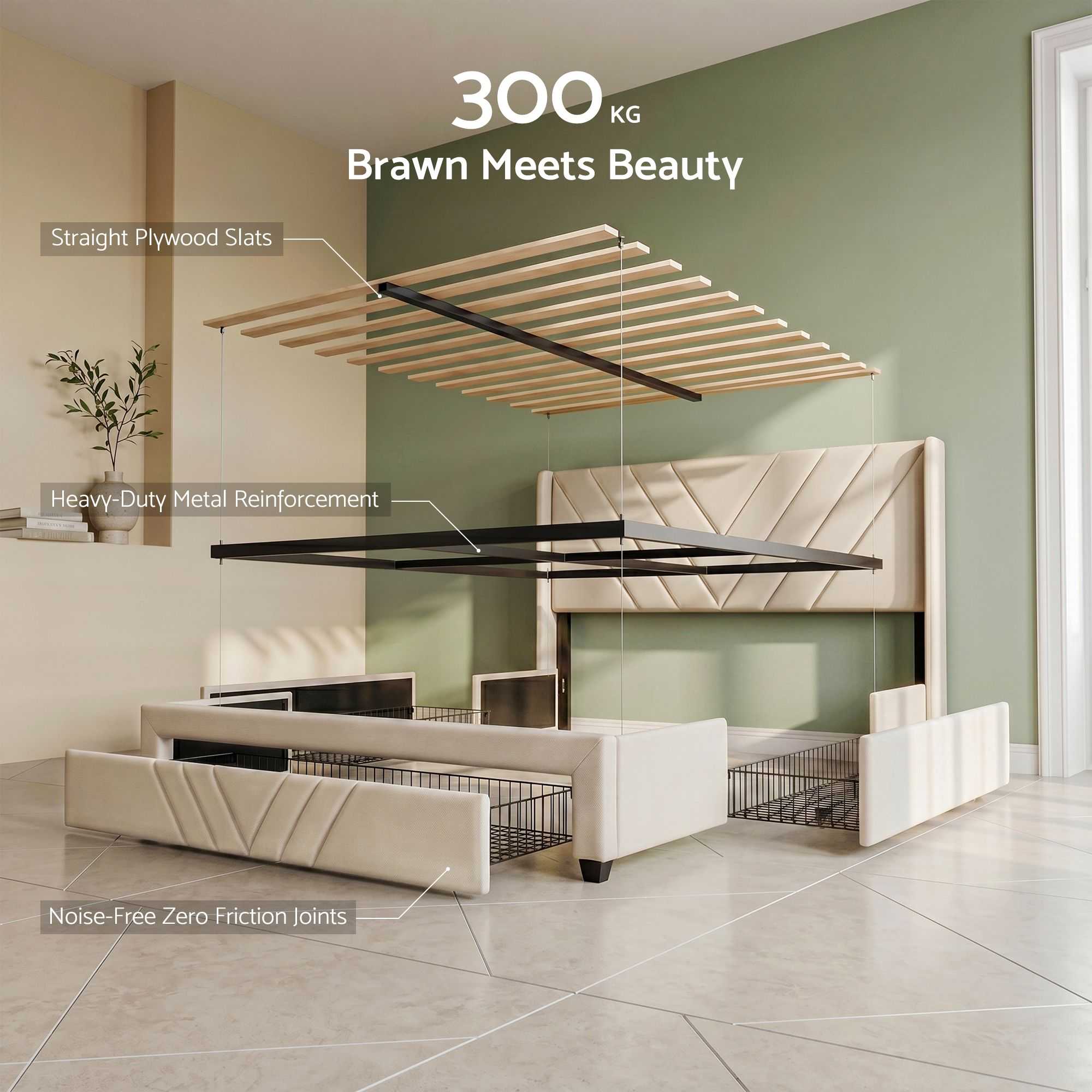 Artiss King Bed Frame with Charging Station and Storage Drawers Beige 300KG Noise Free
