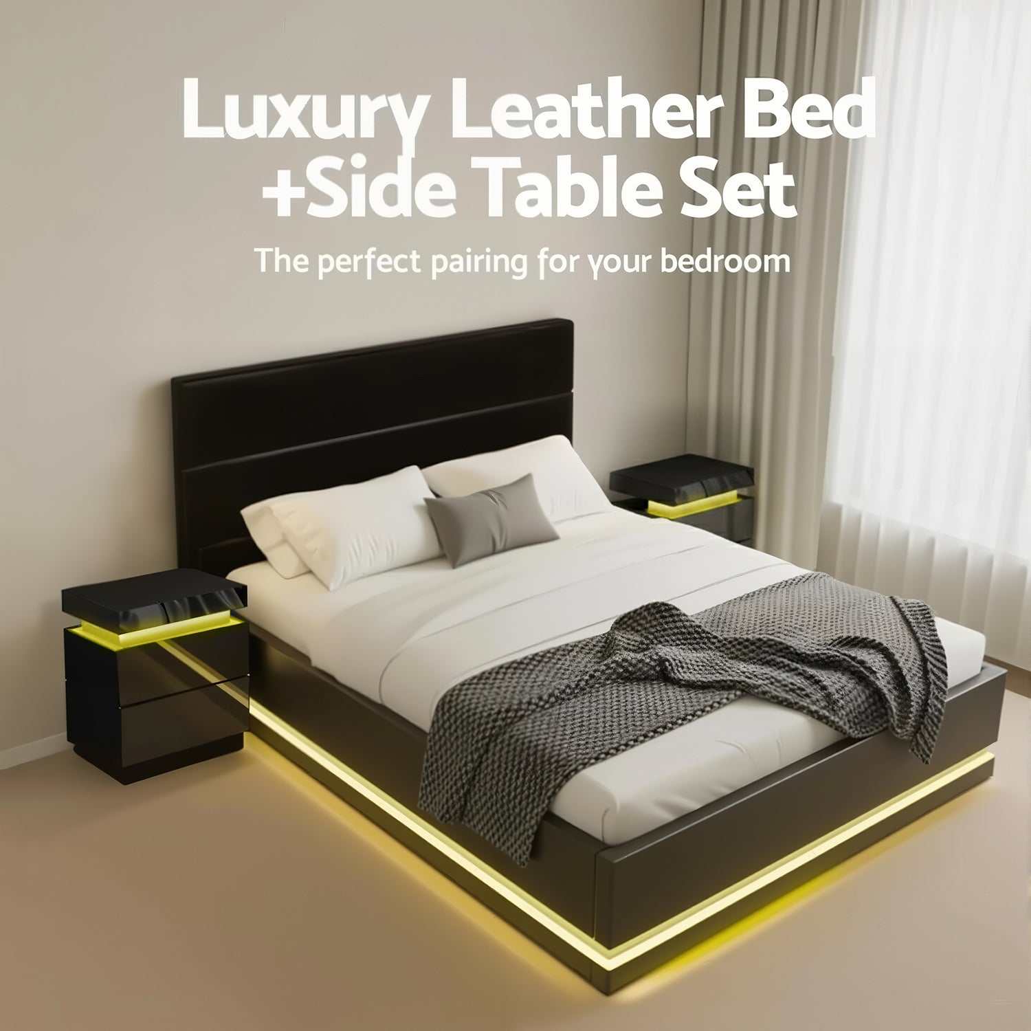Artiss RGB LED Queen Bed Frame with 2 Beside Tables Set 16 Colour Mood Lighting