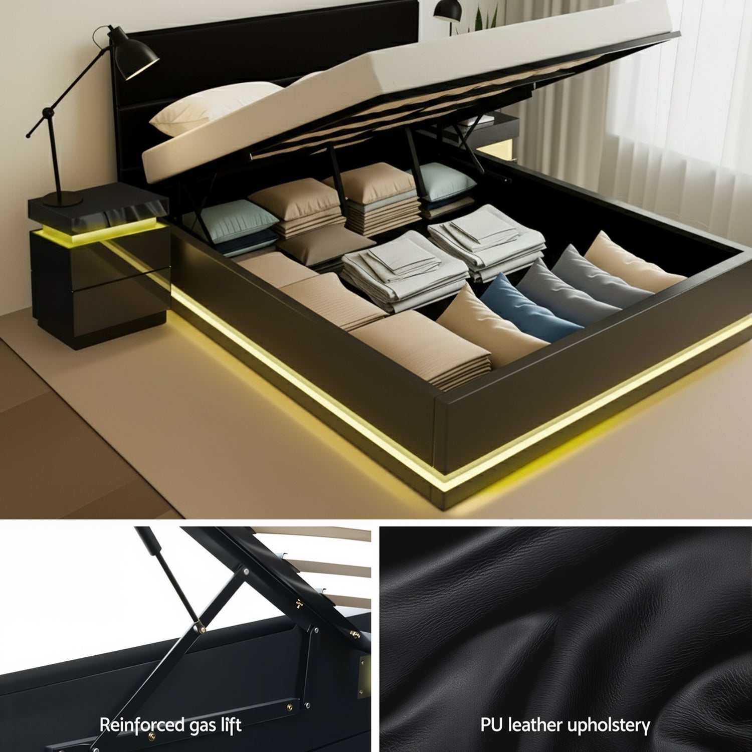 Artiss RGB LED Queen Bed Frame with 2 Beside Tables Set 16 Colour Mood Lighting